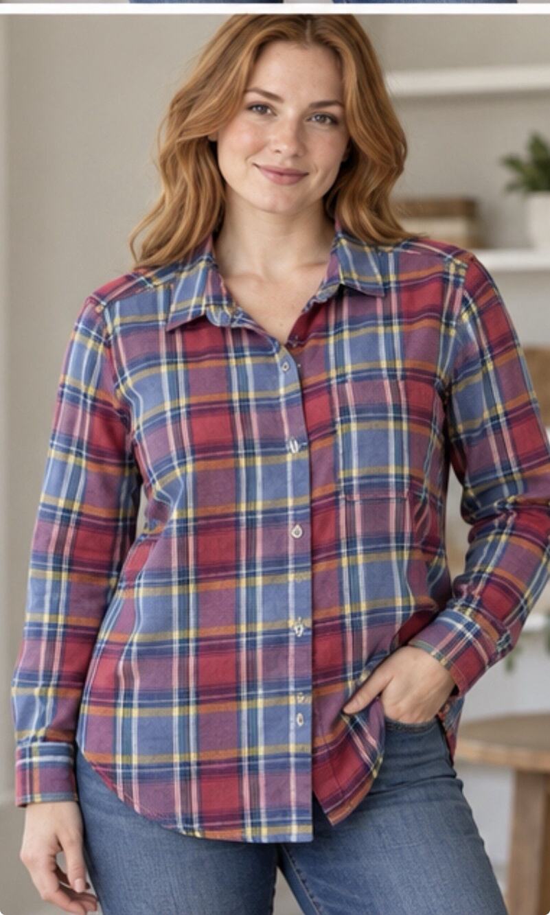 Aeropostale Flannel Shirt Womens Medium Red Blue Plaid Long Sleeve Button Up